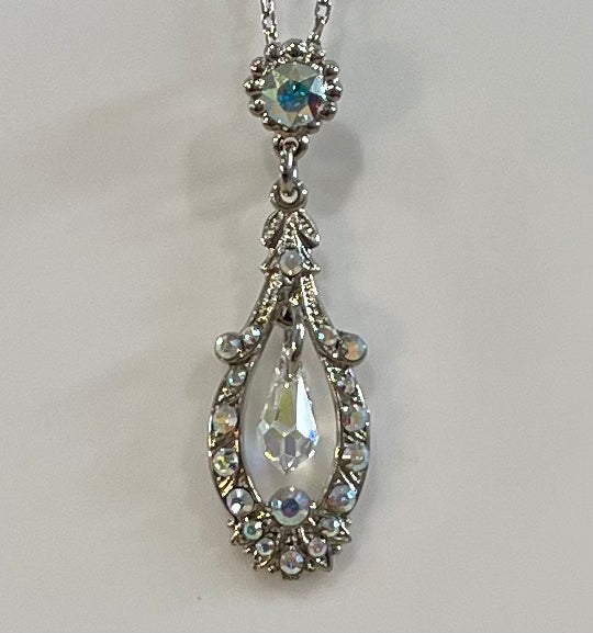 Mariana 5120 Open Oval Pendant with Dangle Briolette in Clear Aurora Borealis Rhodium Plate