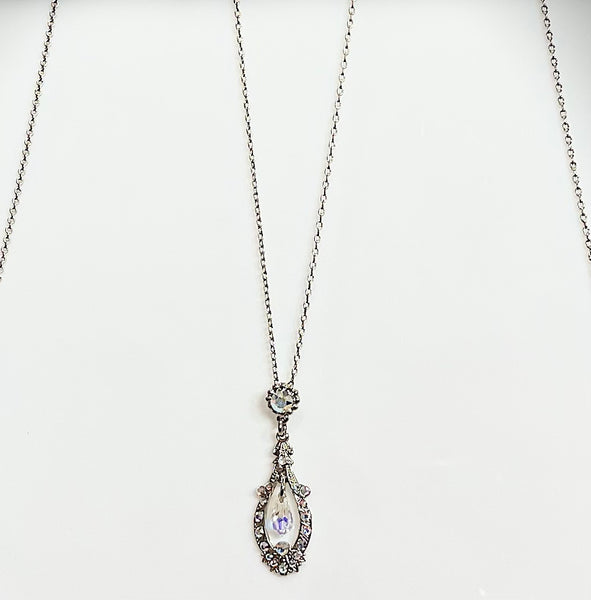 Mariana 5120 Open Oval Pendant with Dangle Briolette in Clear Aurora Borealis Rhodium Plate