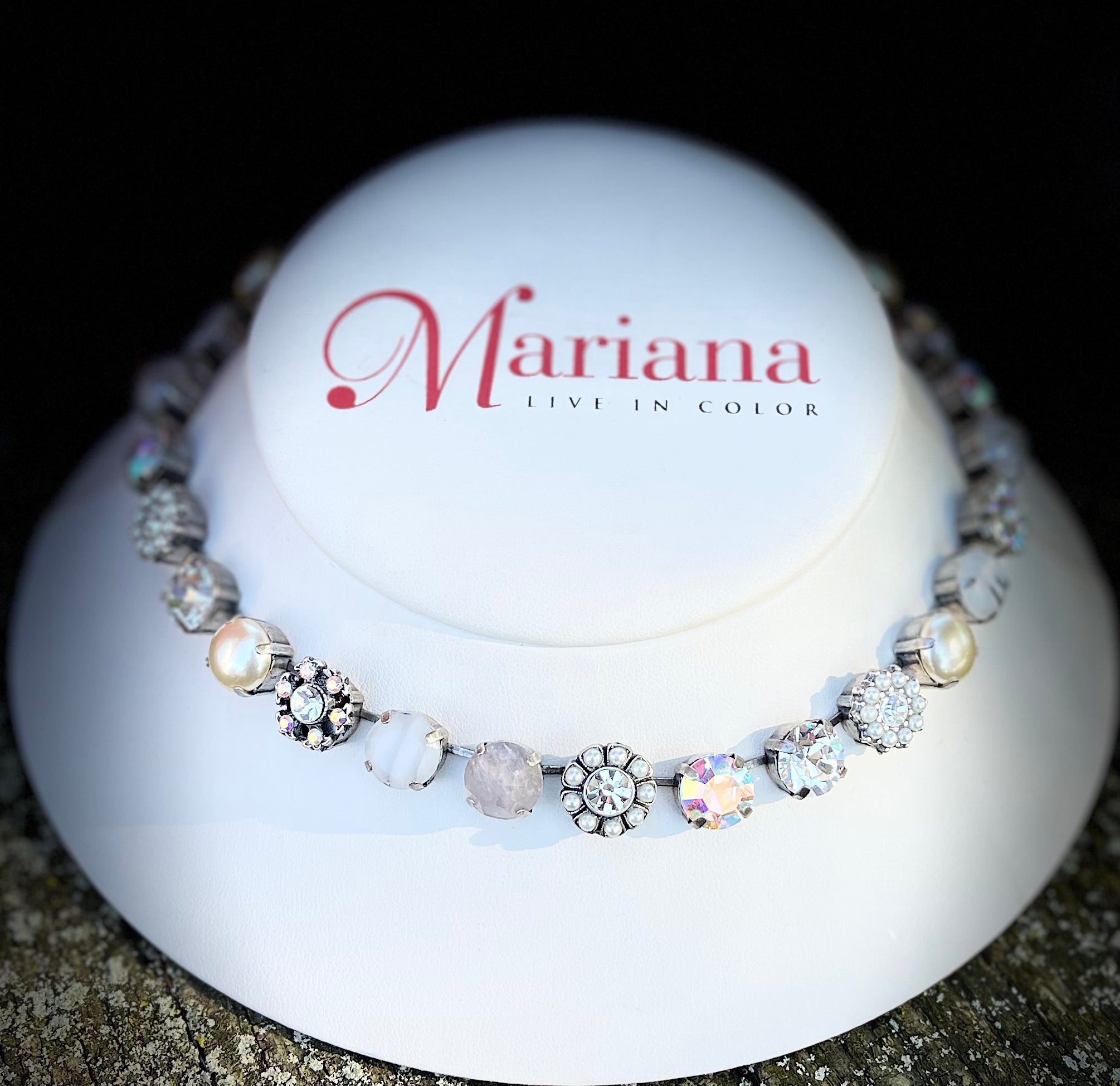 Mariana 3174 Lovable Rosette Necklace "Crystal Pearls" Silver Plated